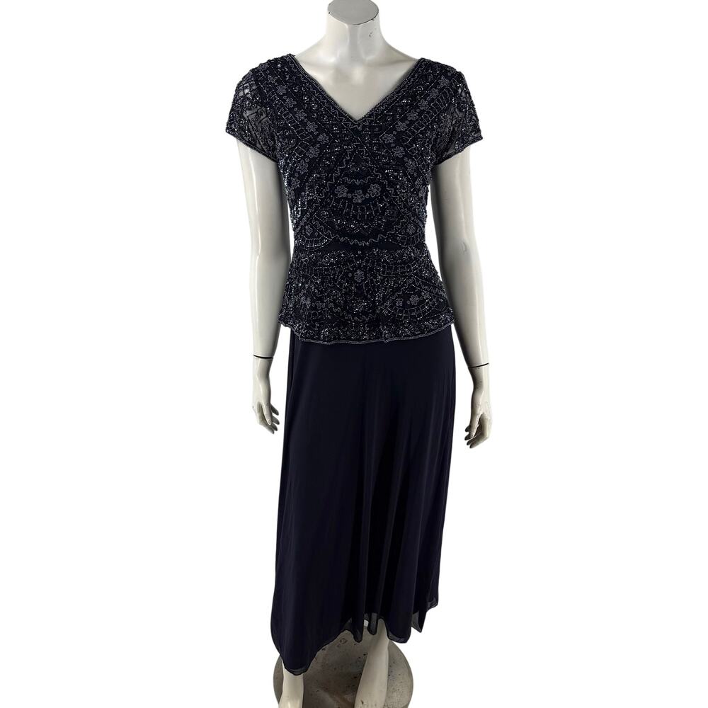 Pisarro Nights Womens Formal Dress Size 4 Petite Navy Blue Beaded Long Peplum